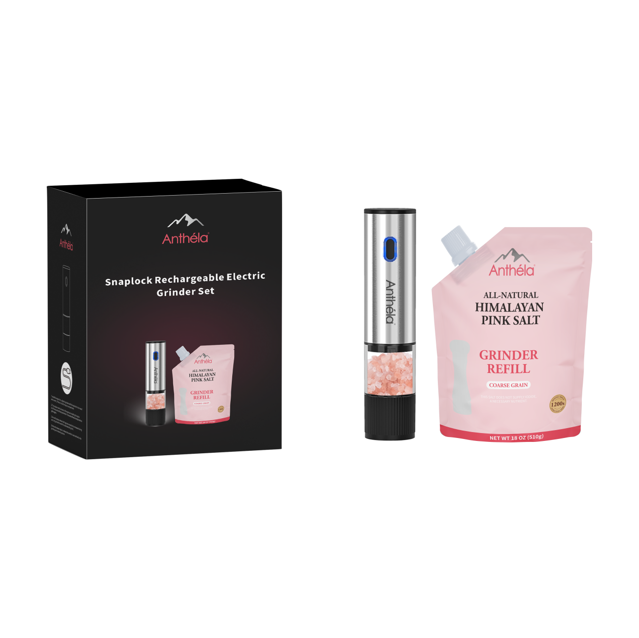 不锈钢礼盒套装充电研磨器+510g斜嘴补充装盐