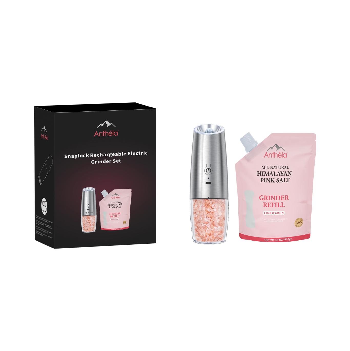 高端不锈钢礼盒套装LED重力感应充电研磨器+510g斜嘴补充装盐